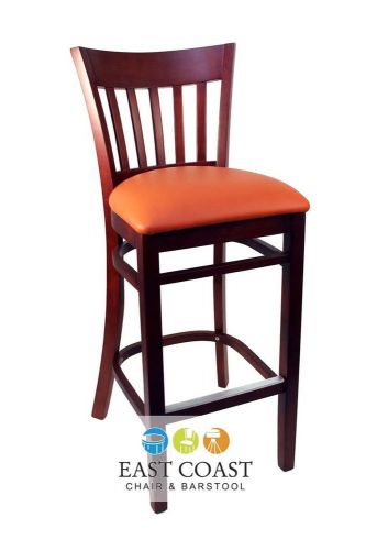 New Gladiator Mahogany Vertical Back Wooden Bar Stool with Orange Vinyl Seat