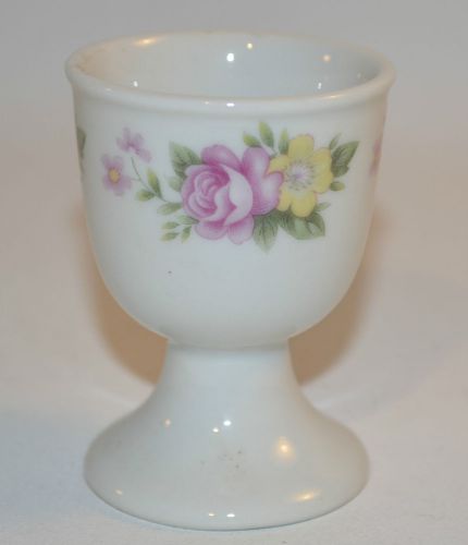 Egg Cup Pink and Yellow Flowers White Cup