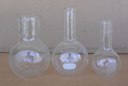 LOT of 3 Pyrex Round Body, Flat Bottom, Florence Flasks - 150ml, 125ml, &amp; 50ml