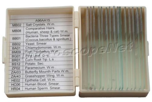 15 Prepared Microscope Basic Science Slides+Plastic Box