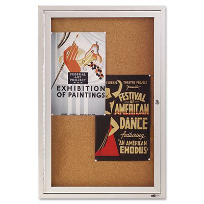 Enclosed Bulletin Board, Natural Cork/Fiberboard, 24 x 36, Silver Aluminum Frame