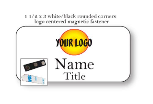 1 WHITE NAME BADGE COLOR LOGO CENTERED 2 LINES OF IMPRINT MAGNET FASTENER