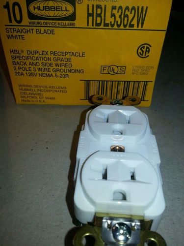 10 - HUBBELL HBL5362W SPEC GRADE DUPLEX RECEPTACLE WHITE 20 AMP NEMA 5-20R NIB