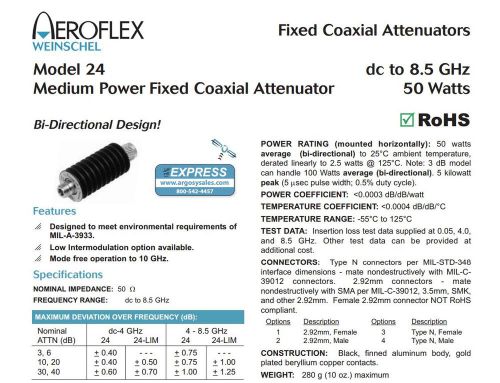 Aeroflex/Weinschel 40dB 50W N-Type DC-8.5GHz attenuator 24-40-34