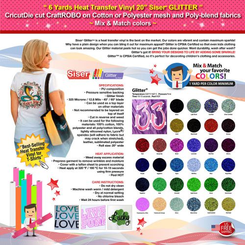 6 YARDS HEAT TRANSFER VINYL 20&#034; SISER GLITTER-CricutDie,CraftROBO,Cotton/Polyest