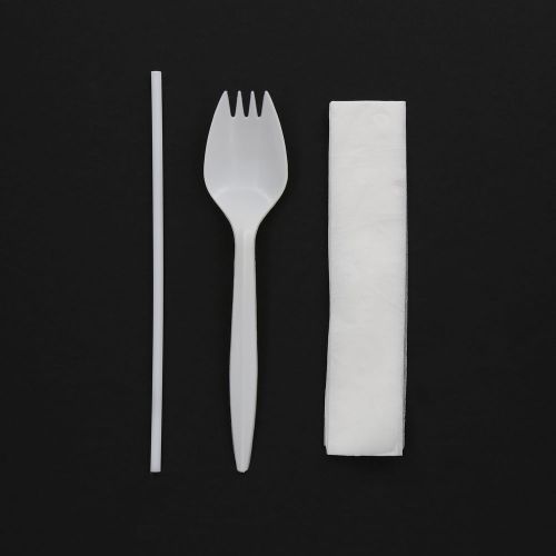 Medium weight white plastic cutlery kits - spork, napkin &amp; straw, case of 1,000 for sale