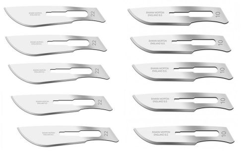 Set of 10 swann morton sterile carbon steel surgical scalpel blades #10 #22 for sale