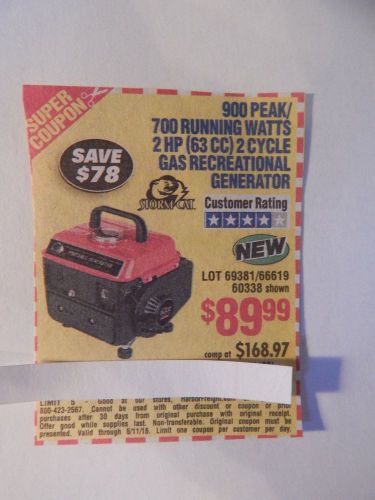 Harbor freight cu-pon 900 peak 700  2 cycle gas generator   9/12/16 for sale