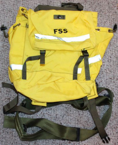 WILD LAND FIRE FIGHTER FIELD PACK, YELLOW WITH MILITARY STRAPS ADDED. GOOD SHAPE