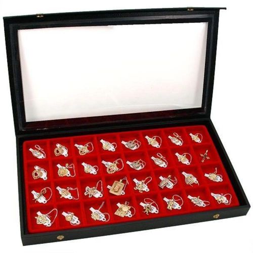 32 slot earring jewelry display case clear top, secure earrings, red, new for sale