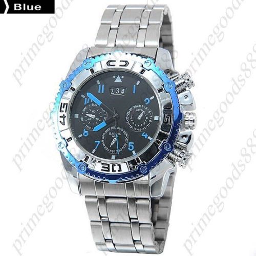 Stainless Steel Band Date Analog Quartz False Sub Dials Men&#039;s Wristwatch Blue