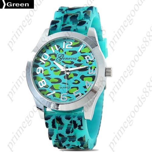 Leopard round case silica gel lady ladies wrist quartz wristwatch women&#039;s green for sale