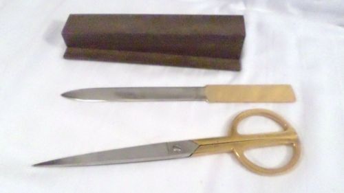 Vintage Made Italy Desktop Gold Scissor &amp; Letter Opener in Wood Holder