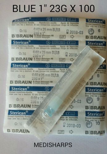 100 X HYPODERMIC SYRINGE NEEDLES (B-BRAUN BLUE 23GAUGE 1&#034;)