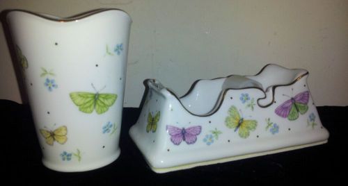 Ceramic Tape Dispenser w/ Matching Pencil Holder Cup Butterflies w/ Gold Rim