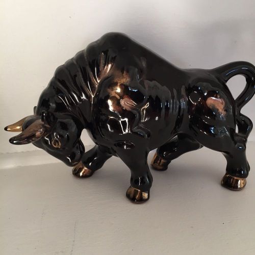 Mid Century Vtg BULL FIGURINE BLACK GOLD SPANISH BULL