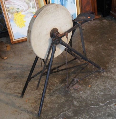 Antique grinding stone pedal wheel w/ seat sandstone sharpener primitive ships for sale