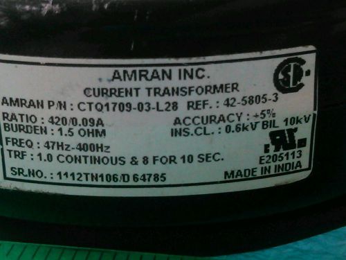 CURRENT TRANSFORMER CTQ1709-03-L28 RATIO 420/0.09A FREQ47HZ/400HZ FROM AMRAN INC