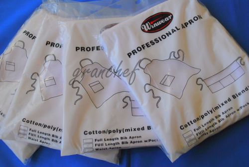 4 pack ~ aprons / food service ~ full length bib style ~  white w/ 2 pockets new for sale