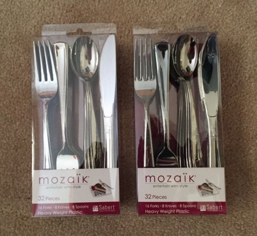 Lot 2 Packages MOZAIK Forks Knives Spoons Heavy Weight Silver Plastic NIP!