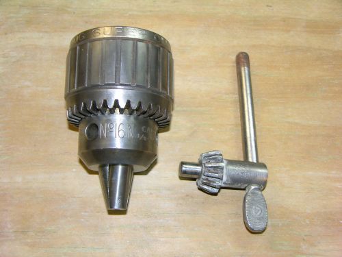 Jacobs Ball Bearing Super Chuck.  No. 16N.  1/8 – 5/8 Inch Capacity.  Chuck Key