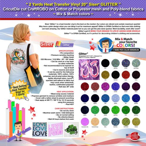 2 YARDS HEAT TRANSFER VINYL 20&#034; SISER GLITTER-CricutDie,CraftROBO,Cotton/Polyest