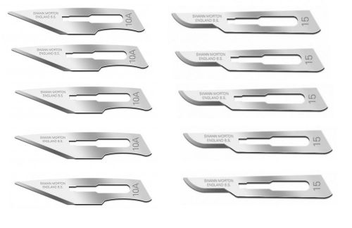 Set of 10 swann morton sterile carbon steel surgical scalpel blades #10a #15 for sale