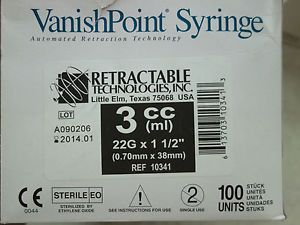 3cc 22G 1 1/2 Vaniish Point Syringe Needle Lot 190 Pieces 2 Boxes 10341