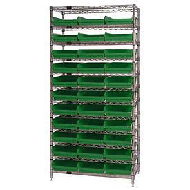 Wire Shelving With (33) 4&#034;H Plastic Shelf Bins Green, 36x18x74