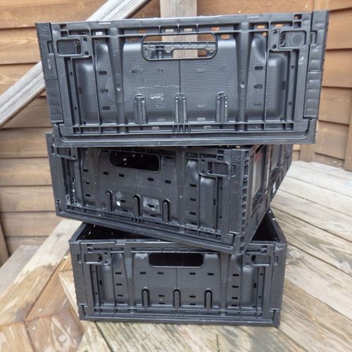 3 PLASTIC BLACK STACKING CRATES LUGS BINS BASKETS FOLDING COLLAPSIBLE 6416 7&#034;