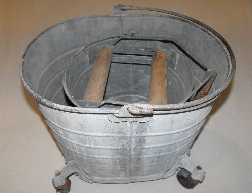 Old VTG Antique Galvanized Tin Mop Pail Set Castor Wheels industrial metal Lot