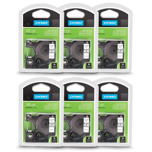 6pk dymo d1 b/w 1/2&#034; vinyl label tape labelmanager or 3m pl100 pl150 pl200 pl300 for sale