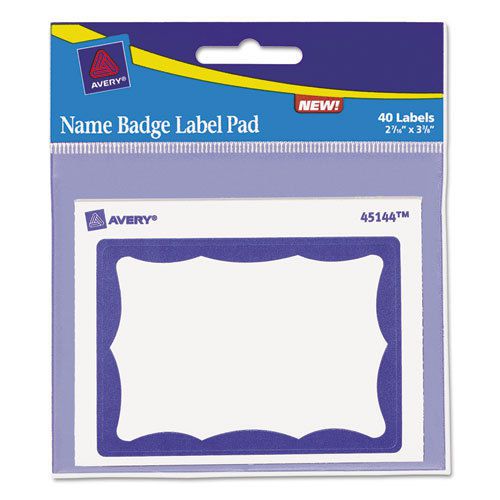 Name Badge Label Pad, 3 x 4 Pad, 2-7/16 x 3-3/8 Labels, Blue/White, 40 Labels/Pk