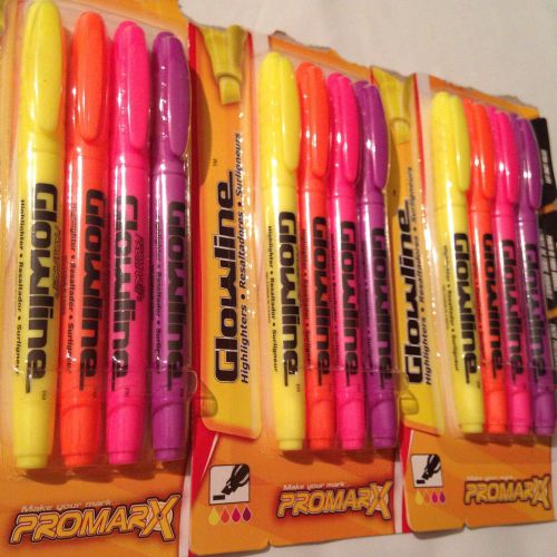 12 Glowline Marker Highlighters Promarx Yellow Orange Pink Purple Fiber Tip Art