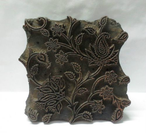 ANTIQUE WOOD HAND CARVED TEXTILE FABRIC TISSU PRINTER BLOCK STAMP FLORAL PAISLEY
