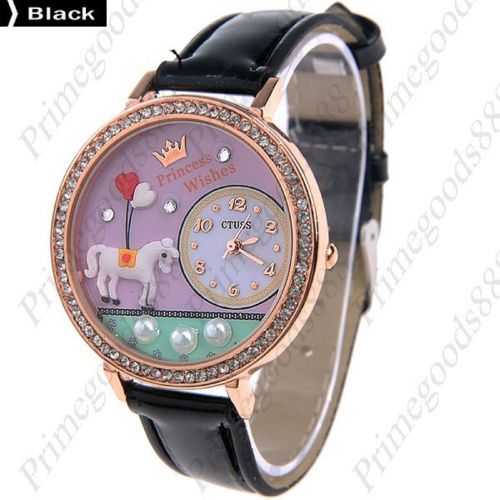 3d horse pony princess quartz pu leather lady ladies wristwatch women&#039;s black for sale