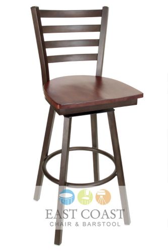 New Gladiator Rust Powder Coat Ladder Back Metal Swivel Bar Stool w/ Walnut Seat