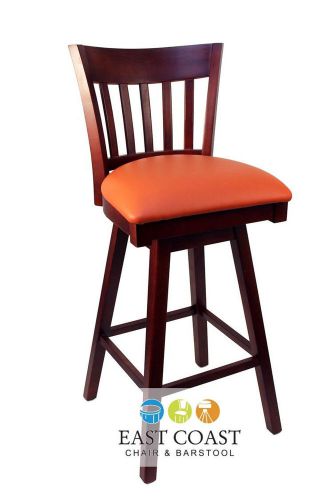 New Gladiator Mahogany Vertical Back Wooden Swivel Bar Stool - Orange Vinyl Seat