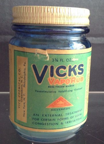 VTG VICKS VAPORUB GLASS BOTTLE 3 3/4 oz BLUE GLASS VICKS VAPOR RUB BOTTLE