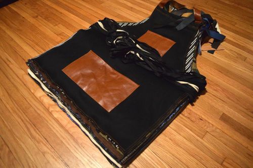 Black denim apron tan leather pockets barber hair stylist artist chef woodshop for sale