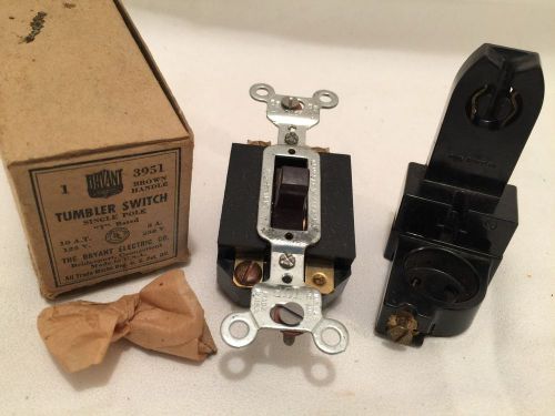 UNUSED Vintage Bryant 3951 Bakelite Single Pole Light Wall Switch Brown +Bracket