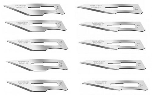 Set of 10 swann morton sterile carbon steel surgical scalpel blades #10a #11 for sale