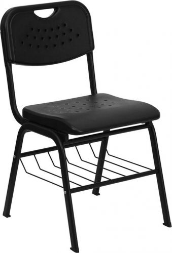 880 lb. Capacity Black Plastic Chair with Black Frame and Book Basket