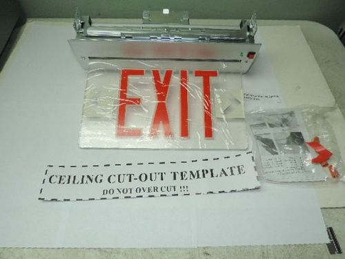 Red LED Emergency Exit Light Sign Recessed Edge Lit Battery Backup Alum. Single