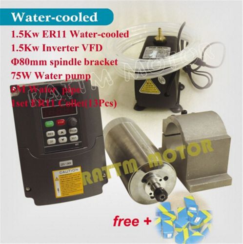 Cnc 1.5kw water cooled spindle motor er11+1.5kw vfd+80mm clamp+75w pump+collet for sale