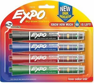 Dry Erase Markers with Ink Indicator, Chisel Tip, Assorted Colors, Pack of 4...