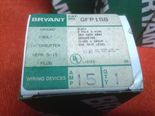 NOS Bryant GFP15B Ground Fault Interrupter Nema 5-15 Plug 15Amp Black