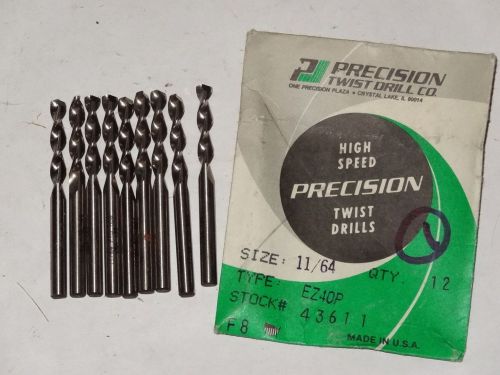 9x PTD 11/64&#034; EZ40P Screw Machine HSS 135° Precision Parabolic Twist Drills USA