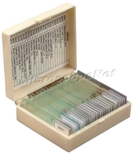 Brand New 25 Prepared Basic Science Microscope Slides with Plastic Box