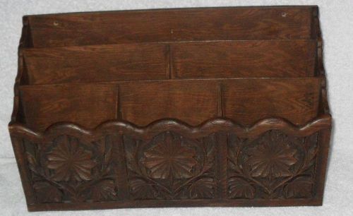 Vintage Lerner Desk Top Organizer Letter Mail Pens Holder Faux Carved Wood